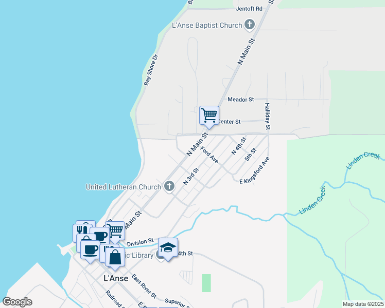 map of restaurants, bars, coffee shops, grocery stores, and more near Ford Avenue in L'Anse