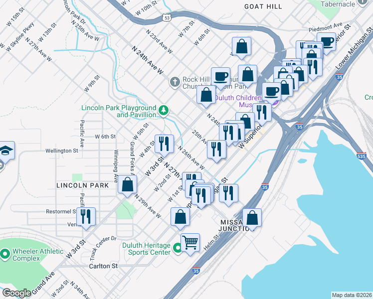 map of restaurants, bars, coffee shops, grocery stores, and more near 2529 West 2nd Street in Duluth