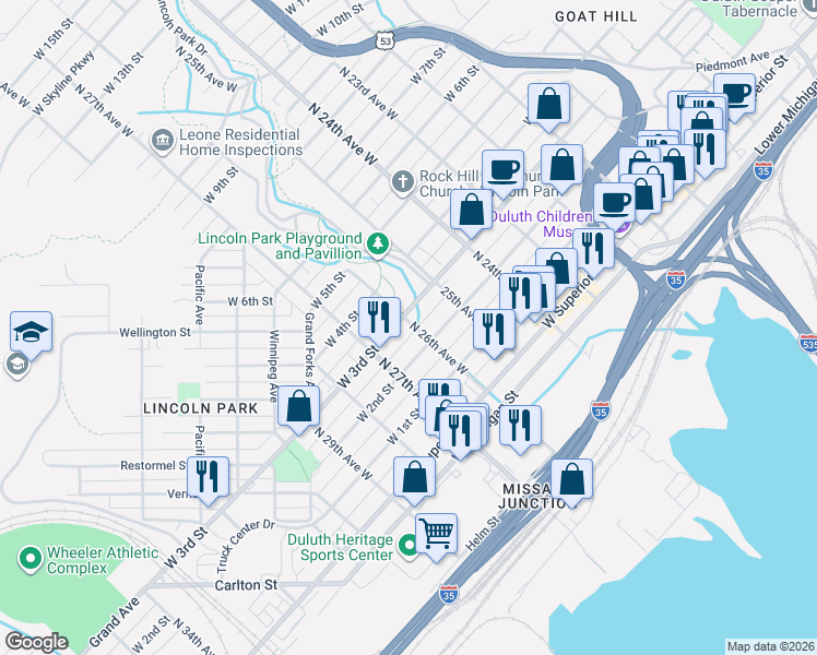 map of restaurants, bars, coffee shops, grocery stores, and more near 2529 West 2nd Street in Duluth
