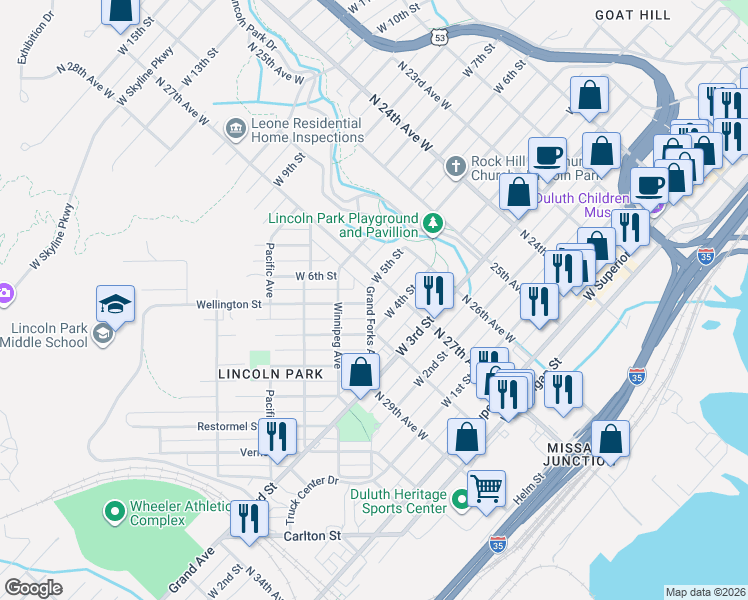 map of restaurants, bars, coffee shops, grocery stores, and more near 2753 Wellington Street in Duluth