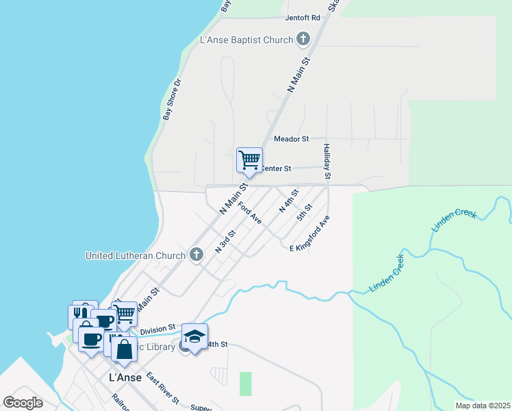 map of restaurants, bars, coffee shops, grocery stores, and more near 608 North 3rd Street in L'Anse