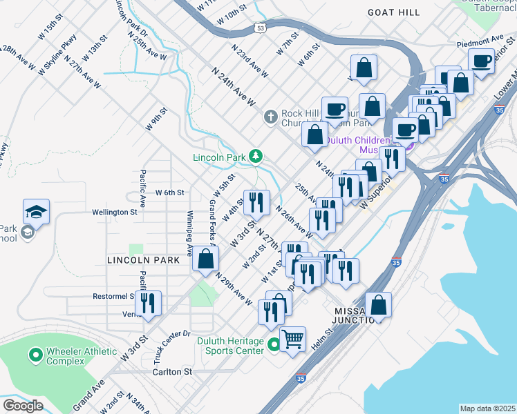 map of restaurants, bars, coffee shops, grocery stores, and more near 2615 West 3rd Street in Duluth