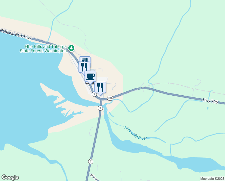 map of restaurants, bars, coffee shops, grocery stores, and more near 18322 542nd Street East in Elbe