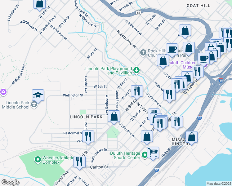 map of restaurants, bars, coffee shops, grocery stores, and more near 2753 Wellington Street in Duluth