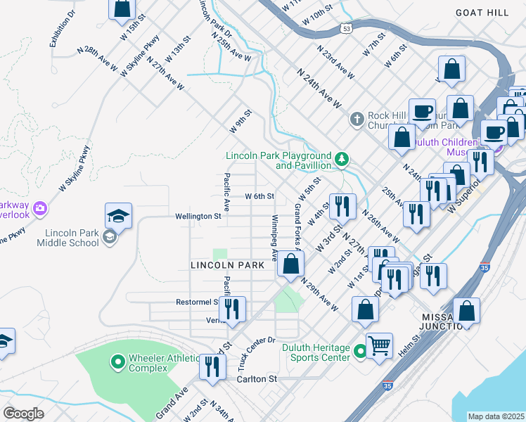 map of restaurants, bars, coffee shops, grocery stores, and more near 2801 Wellington Street in Duluth