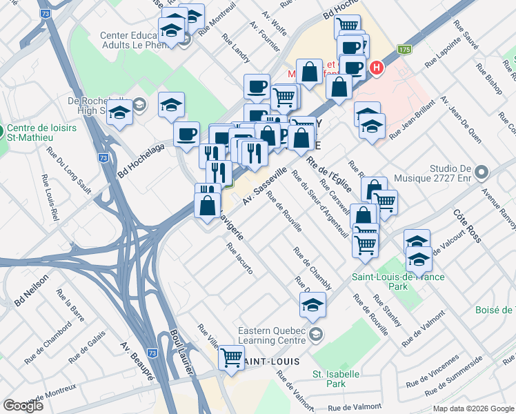 map of restaurants, bars, coffee shops, grocery stores, and more near 2960 Rue de Deschambault in Québec