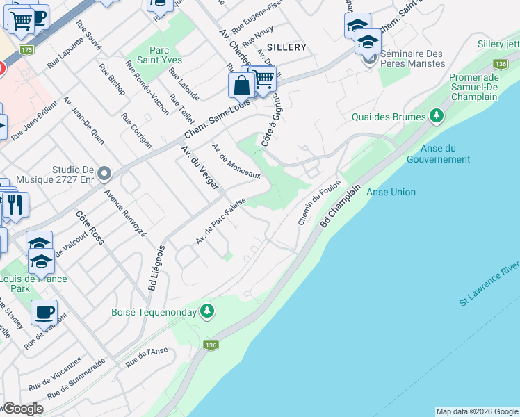 map of restaurants, bars, coffee shops, grocery stores, and more near 2555 Avenue du Cap-au-Diable in Québec