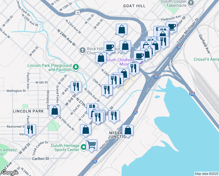 map of restaurants, bars, coffee shops, grocery stores, and more near 2424 West 1st Street in Duluth