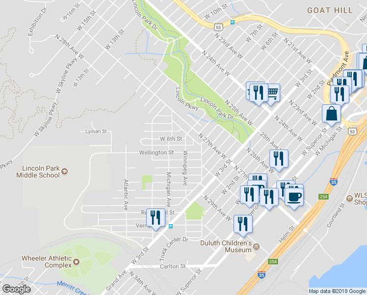 map of restaurants, bars, coffee shops, grocery stores, and more near 2801 Wellington Street in Duluth