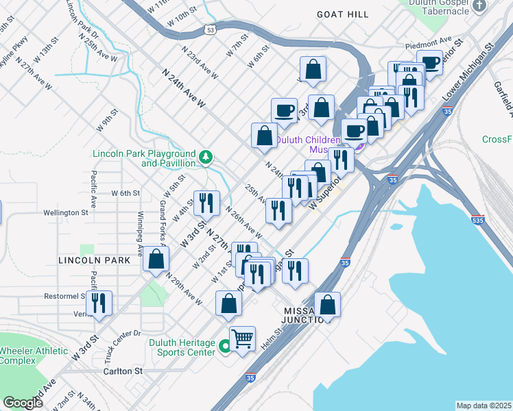 map of restaurants, bars, coffee shops, grocery stores, and more near 2514 West 2nd Street in Duluth