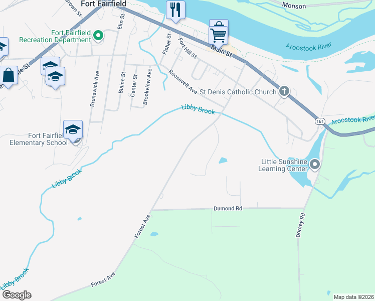 map of restaurants, bars, coffee shops, grocery stores, and more near 91 Forest Avenue in Fort Fairfield