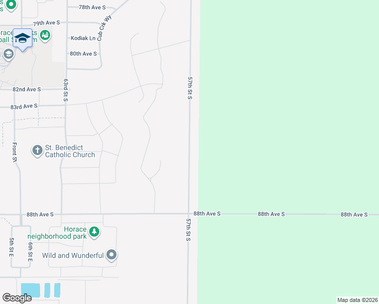 map of restaurants, bars, coffee shops, grocery stores, and more near 57th Street South in Horace