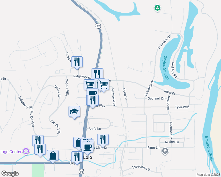 map of restaurants, bars, coffee shops, grocery stores, and more near 11185 Napton Way in Lolo