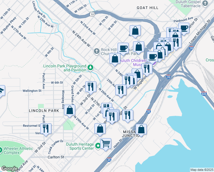 map of restaurants, bars, coffee shops, grocery stores, and more near 2513 West 2nd Street in Duluth