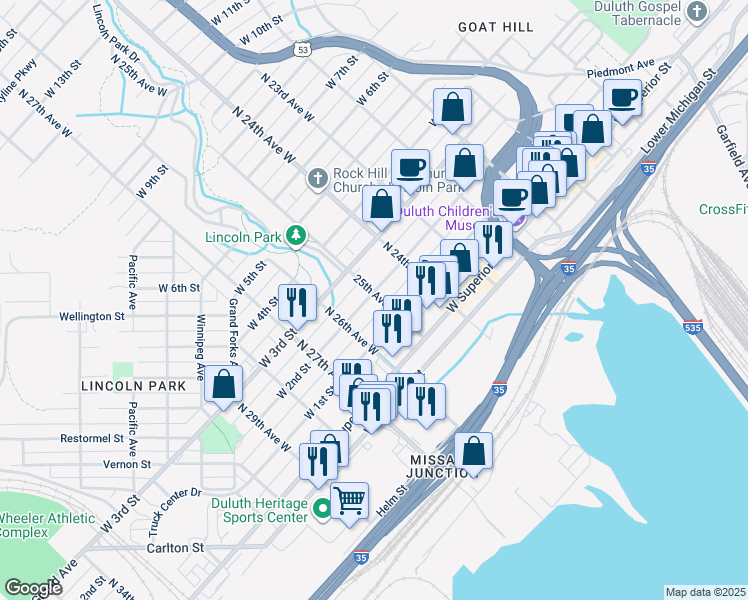 map of restaurants, bars, coffee shops, grocery stores, and more near 2502 West 2nd Street in Duluth
