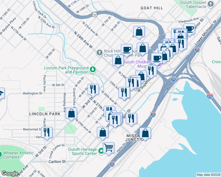 map of restaurants, bars, coffee shops, grocery stores, and more near 2513 West 2nd Street in Duluth