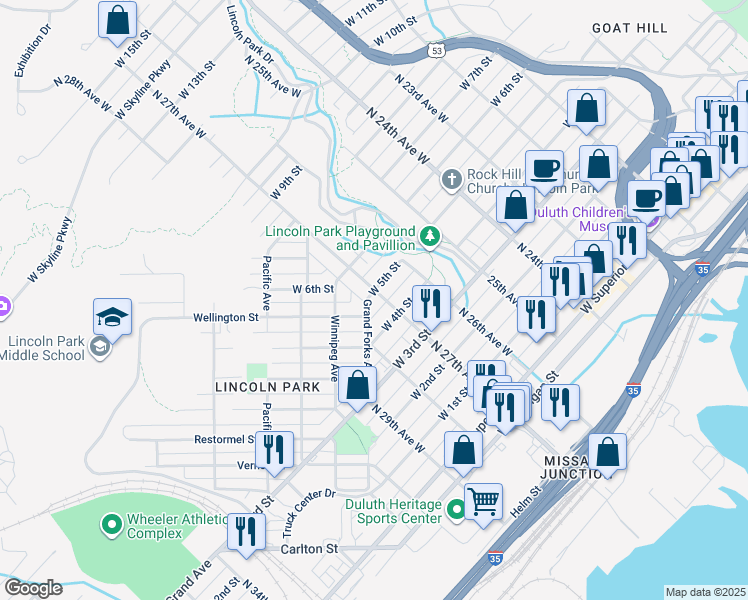 map of restaurants, bars, coffee shops, grocery stores, and more near 2753 Wellington Street in Duluth