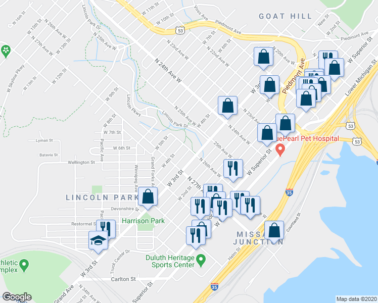 map of restaurants, bars, coffee shops, grocery stores, and more near 2615 West 3rd Street in Duluth
