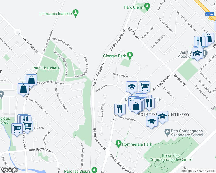 map of restaurants, bars, coffee shops, grocery stores, and more near 600 Rue Alain in Québec