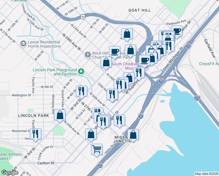 map of restaurants, bars, coffee shops, grocery stores, and more near 2424 West 1st Street in Duluth