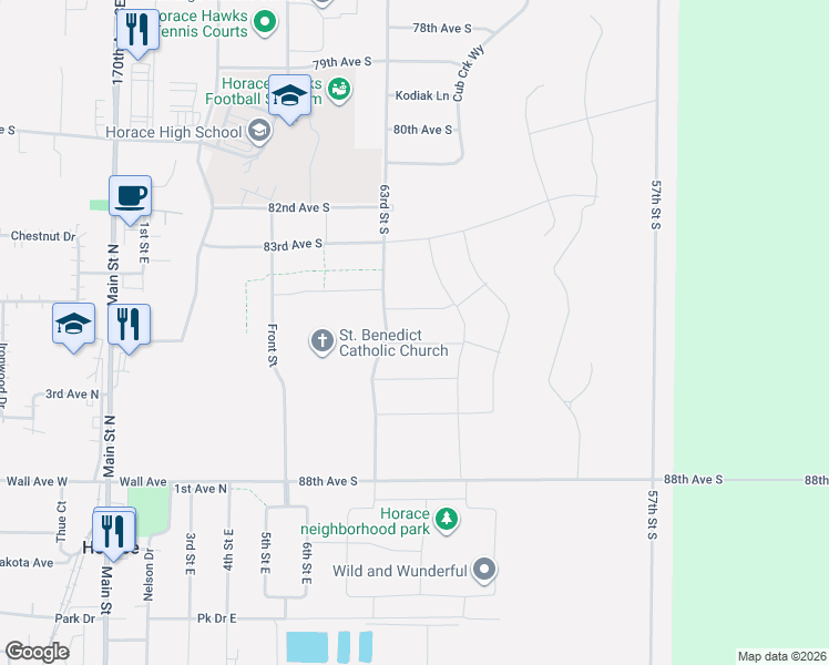 map of restaurants, bars, coffee shops, grocery stores, and more near in Horace