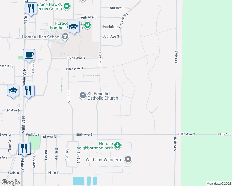 map of restaurants, bars, coffee shops, grocery stores, and more near in Horace