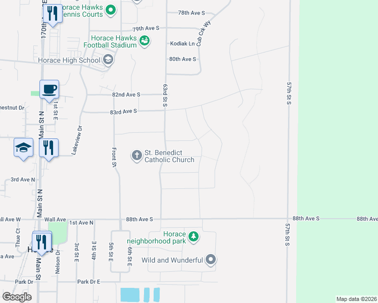 map of restaurants, bars, coffee shops, grocery stores, and more near in Horace