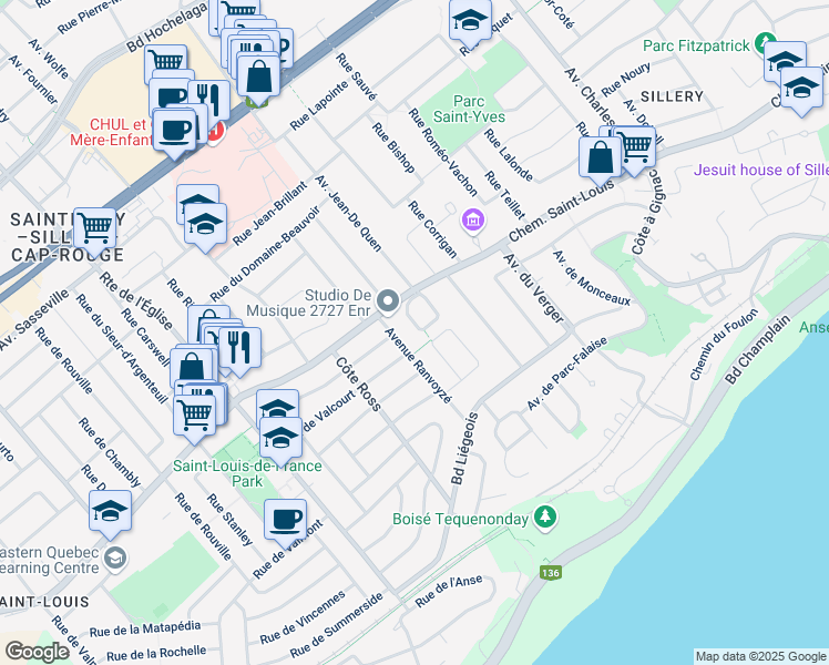 map of restaurants, bars, coffee shops, grocery stores, and more near 1452 Rue Jean Royer in Québec