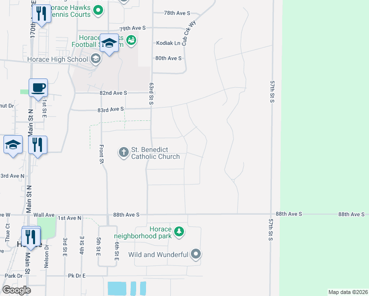 map of restaurants, bars, coffee shops, grocery stores, and more near in Horace