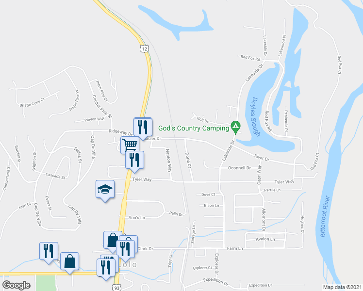 map of restaurants, bars, coffee shops, grocery stores, and more near 531 Dorie Drive in Lolo