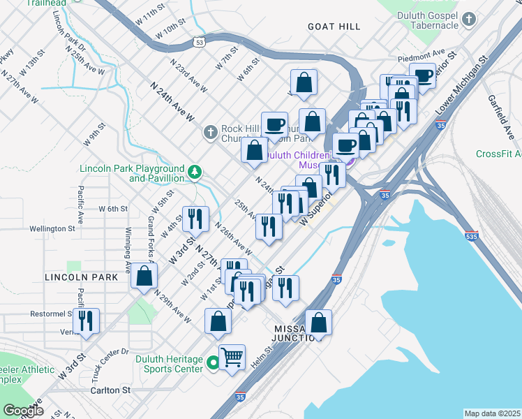 map of restaurants, bars, coffee shops, grocery stores, and more near 2424 West 1st Street in Duluth