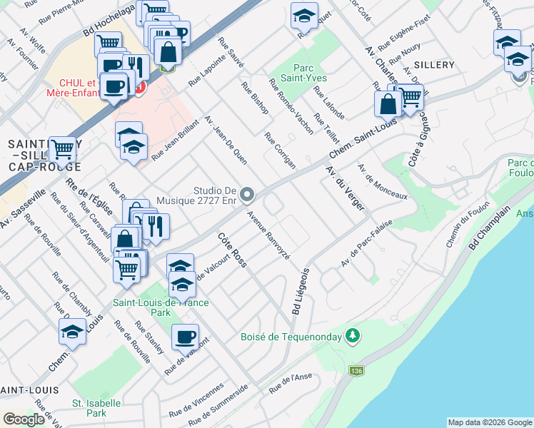 map of restaurants, bars, coffee shops, grocery stores, and more near 1448 Rue Jean-Royer in Québec