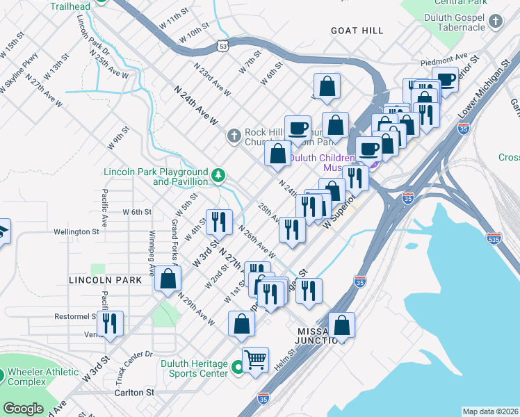 map of restaurants, bars, coffee shops, grocery stores, and more near 202 North 25th Avenue West in Duluth