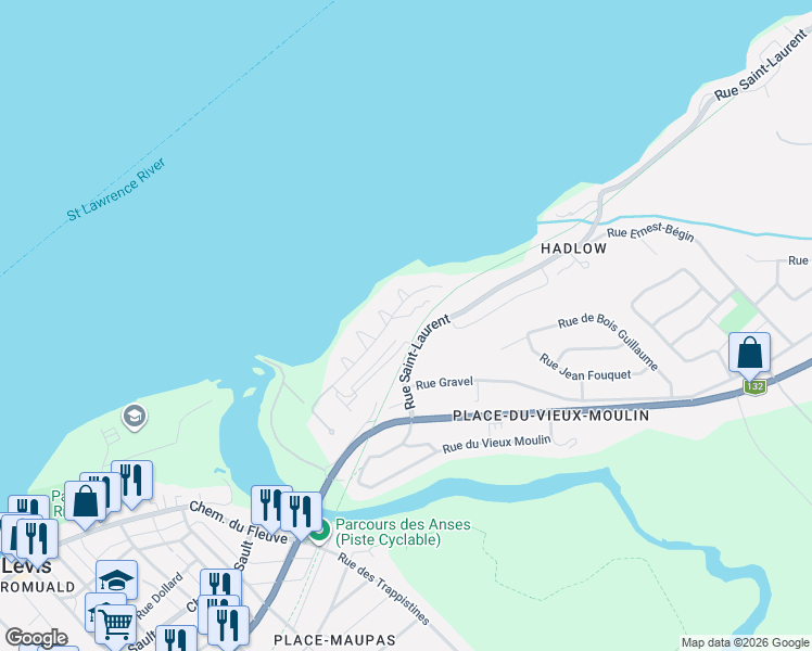 map of restaurants, bars, coffee shops, grocery stores, and more near 2739 Rue Saint-Laurent in Lã©Vis