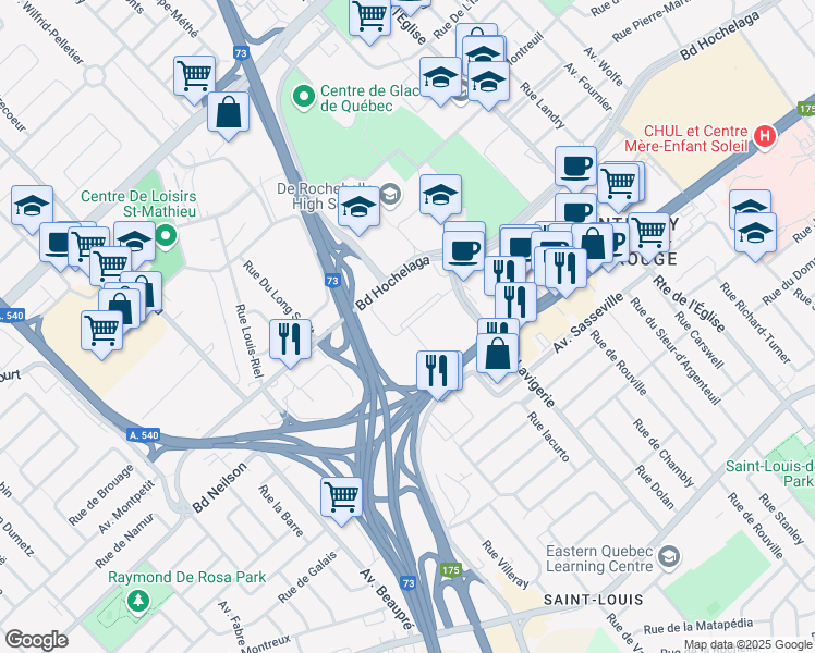 map of restaurants, bars, coffee shops, grocery stores, and more near Rue des Châtelets in Québec