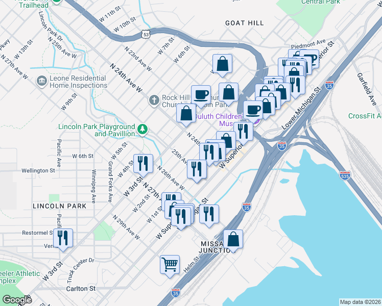 map of restaurants, bars, coffee shops, grocery stores, and more near 2328 West 2nd Street in Duluth