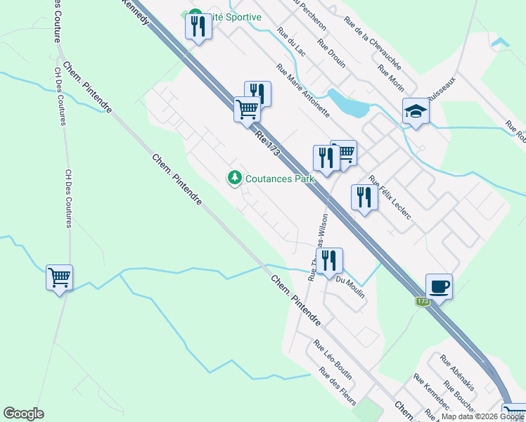 map of restaurants, bars, coffee shops, grocery stores, and more near 3189 Rue de Coutances in Lévis