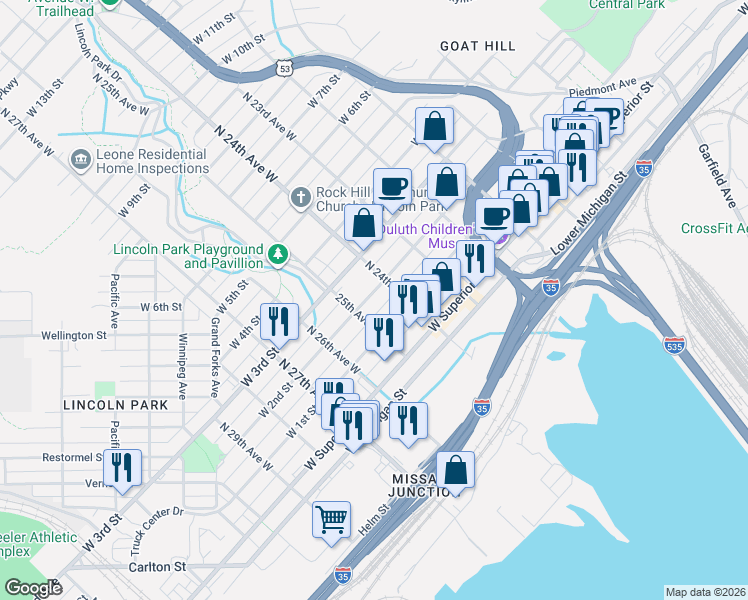 map of restaurants, bars, coffee shops, grocery stores, and more near 2328 West 2nd Street in Duluth