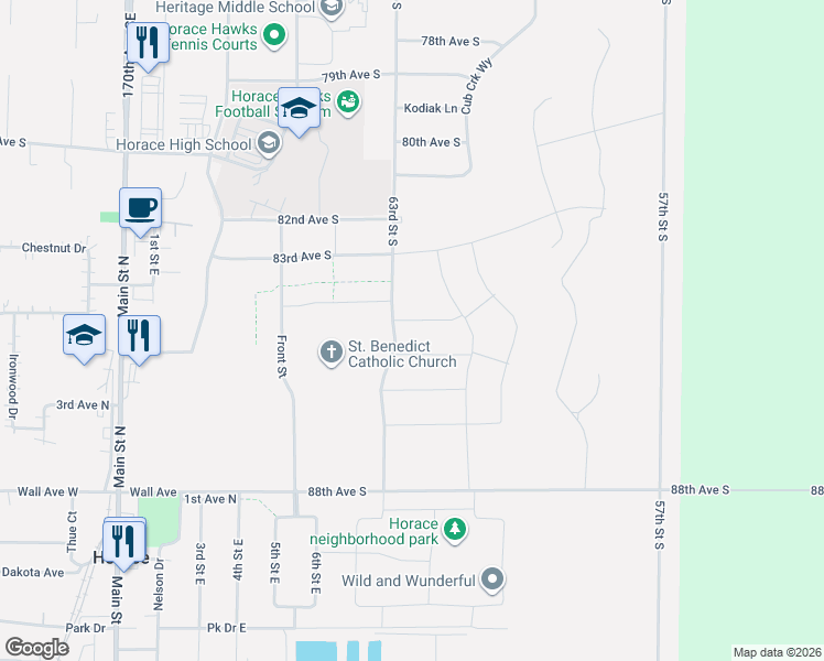 map of restaurants, bars, coffee shops, grocery stores, and more near 8400 63rd Street South in Horace