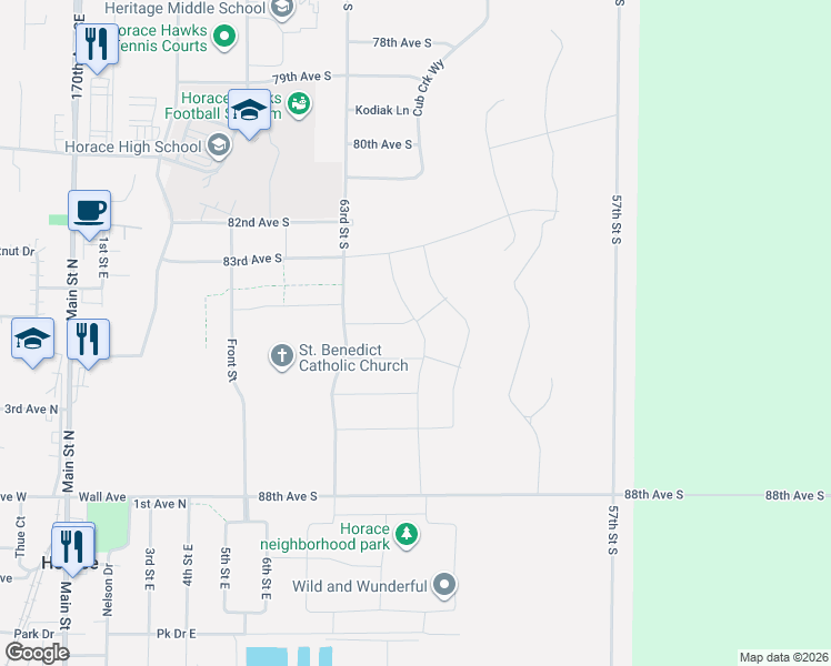map of restaurants, bars, coffee shops, grocery stores, and more near 696 5th Street North in Horace