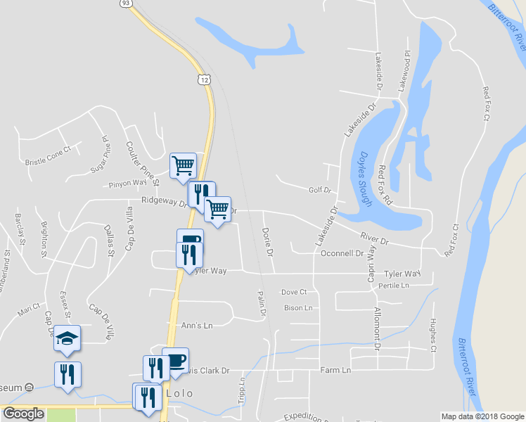 map of restaurants, bars, coffee shops, grocery stores, and more near 599 Dorie Drive in Lolo