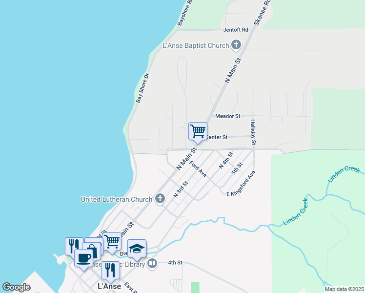 map of restaurants, bars, coffee shops, grocery stores, and more near 818-826 Harbor View Drive in L'Anse