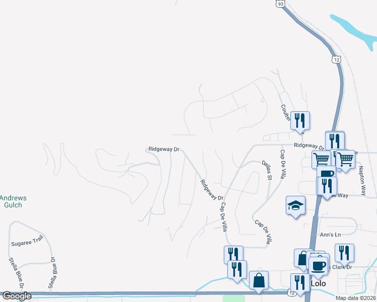 map of restaurants, bars, coffee shops, grocery stores, and more near 242 Ridgeway Dr in Lolo