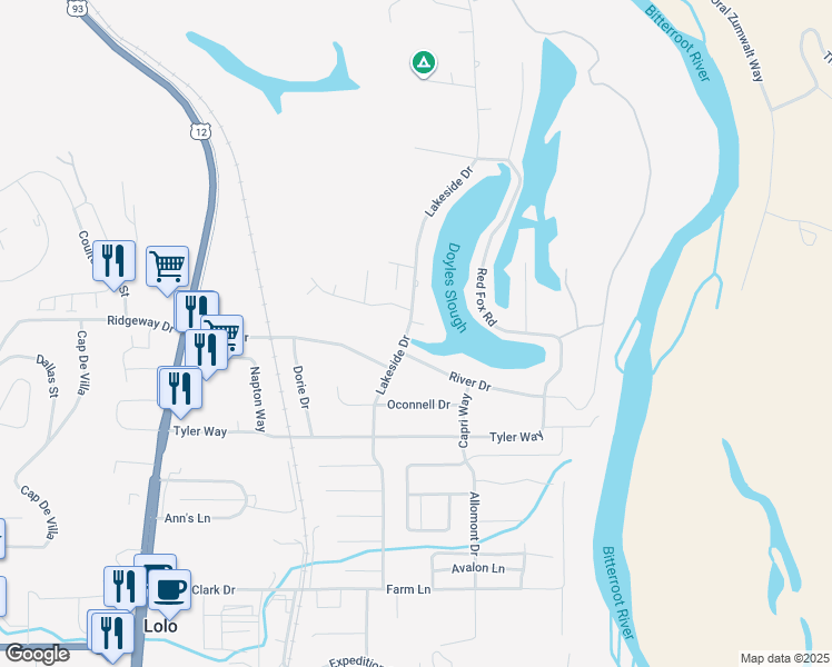map of restaurants, bars, coffee shops, grocery stores, and more near 800 Lakeside Drive in Lolo