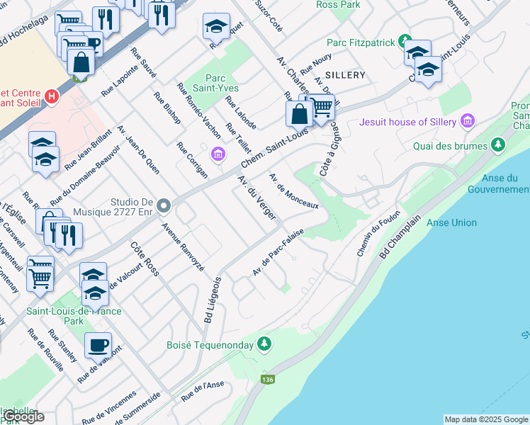 map of restaurants, bars, coffee shops, grocery stores, and more near 1571 Avenue du Verger in Québec