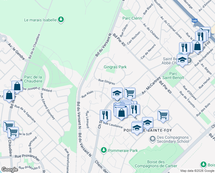 map of restaurants, bars, coffee shops, grocery stores, and more near 3625 Rue Lanthier in Québec