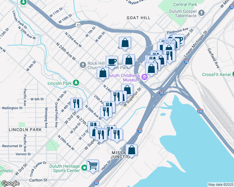 map of restaurants, bars, coffee shops, grocery stores, and more near 2319 West 1st Street in Duluth