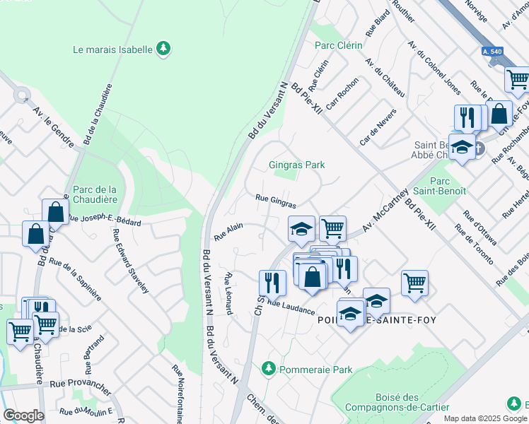 map of restaurants, bars, coffee shops, grocery stores, and more near 3640 Rue Lanthier in Quebec City