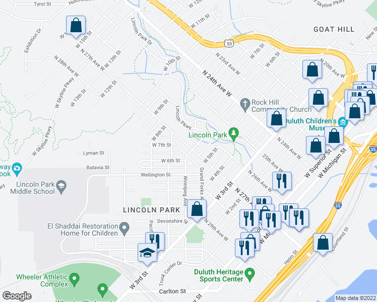 map of restaurants, bars, coffee shops, grocery stores, and more near 601 North 27th Avenue West in Duluth