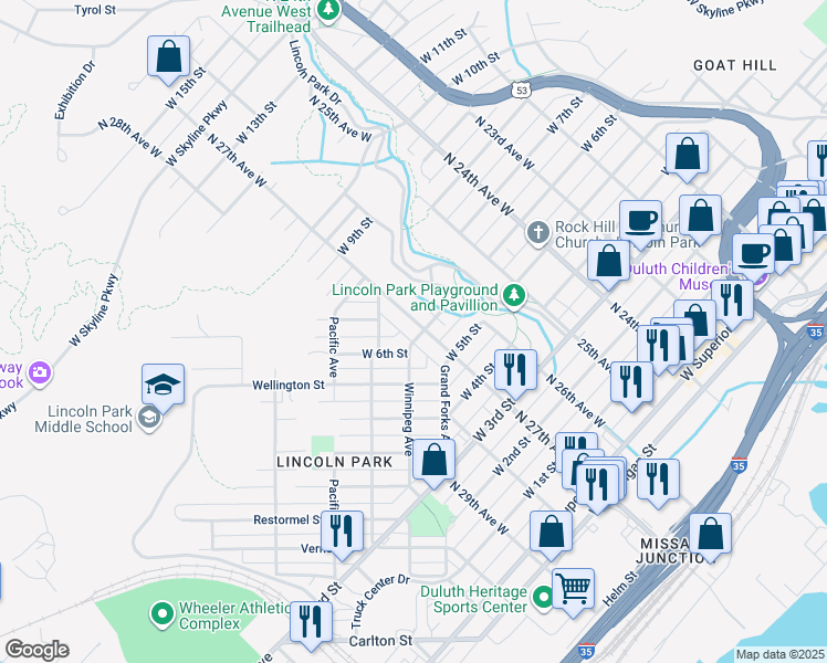 map of restaurants, bars, coffee shops, grocery stores, and more near 611 North 27th Avenue West in Duluth
